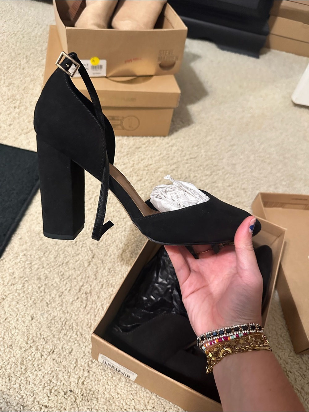 ASOS black suede heels with ankle strap